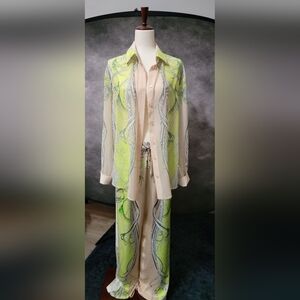BCBG Max Azria Chartreuse Botanical Print Blouse + Wide Leg Pants Set